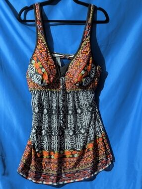 Black Tribal Print 2X Tankini Top with Orange Floral Accents Sheer